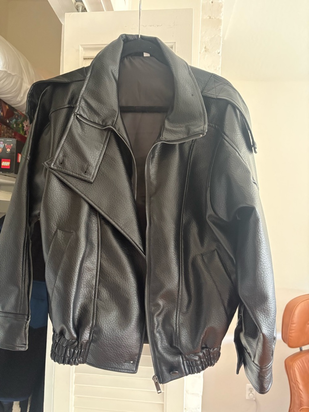 Black Faux Leather Bomber Jacket